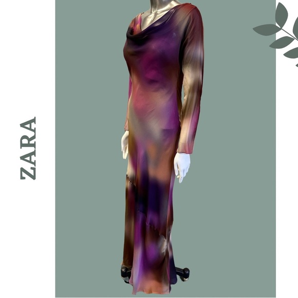Zara Watercolor Floor Length Chiffon Evening Dress Backless Lined Size Large - Picture 2 of 9